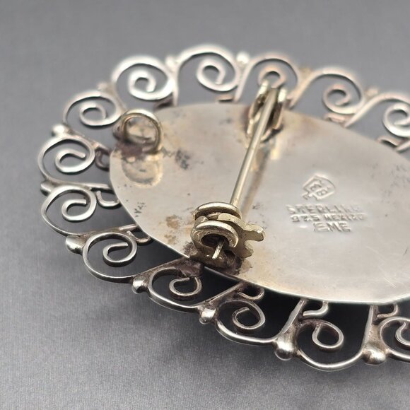 VTG EME 83 Sterling Silver 925 Green Onyx Filigree Brooch Pendant 2" Mexico - Picture 7 of 9